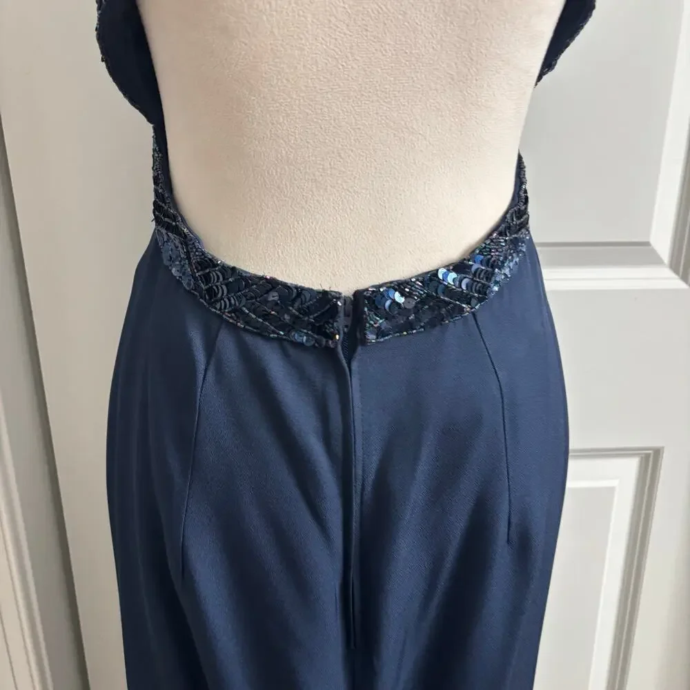 Dave & Johnny Vintage 90s Prom Dress Navy Blue Sequin‎ Halter Open Back Maxi 4